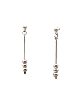 Minimalist Dangle Bar Earrings, Vintage Silver Tone Beaded Drop Studs